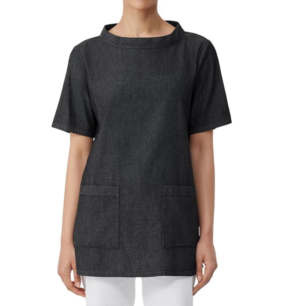 Eileen Fisher Airy Organic Cotton Long Top S Black Twill Mock Neck Tunic Weekend